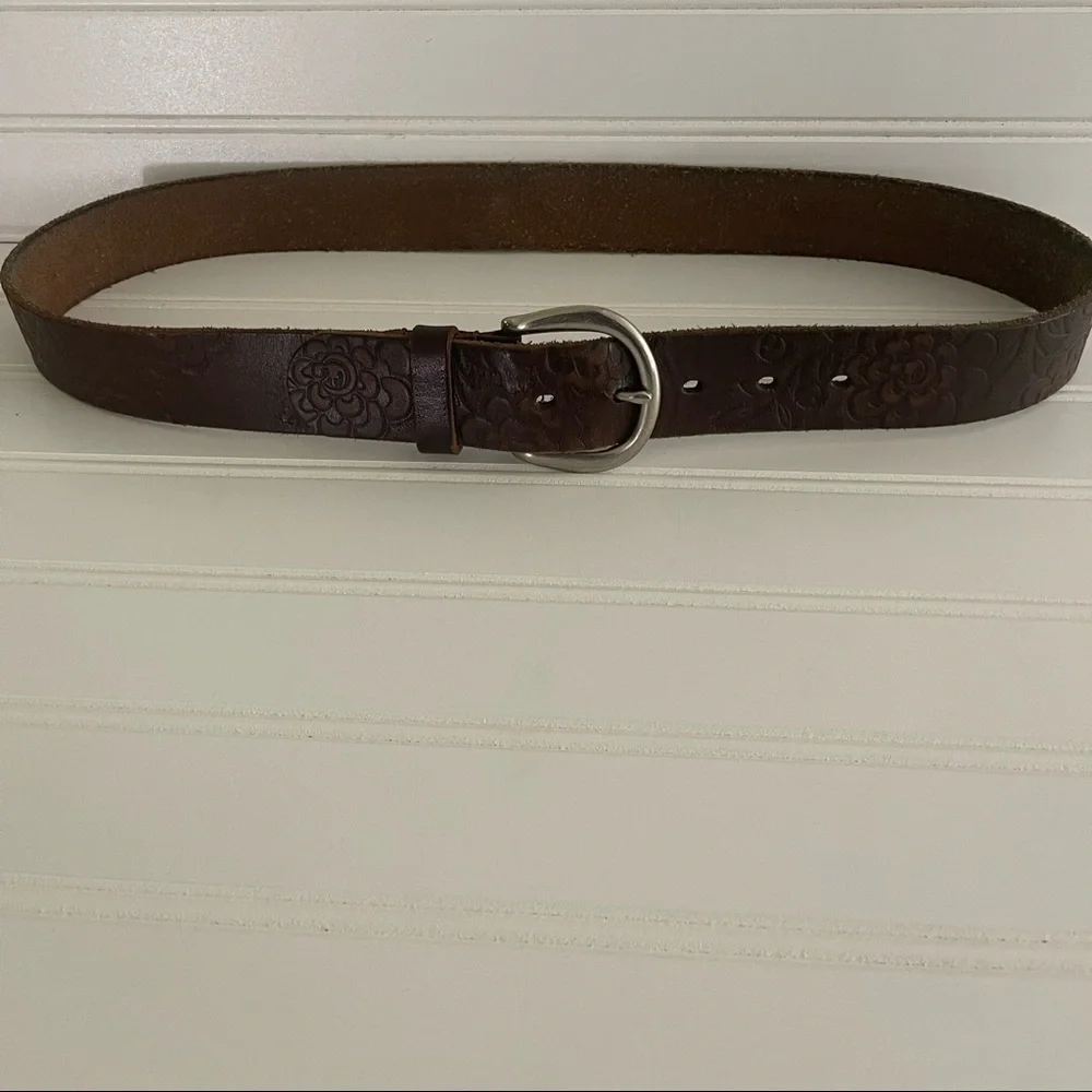 Vintage Fossil Brown Leather Tooled Mens Belt Size 36
